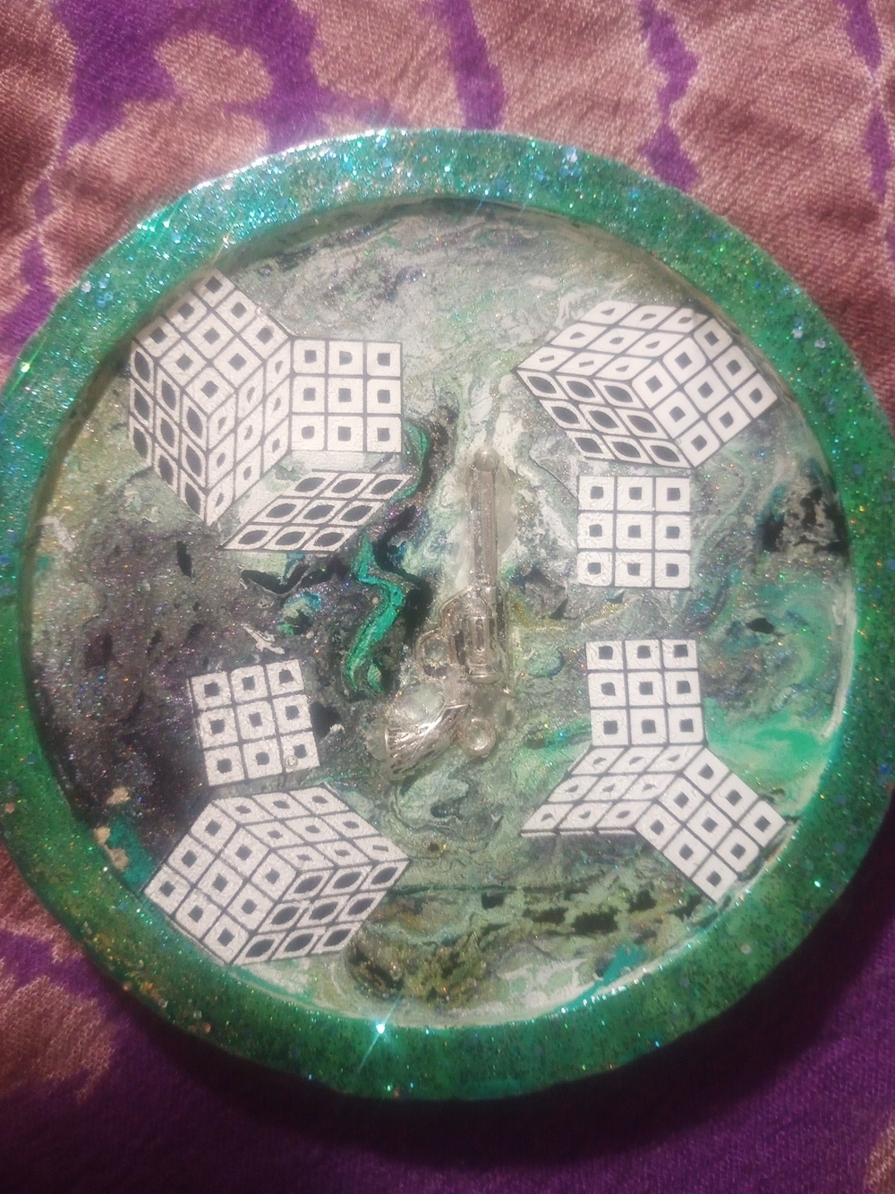 Handmade Green and Teal Resin Coaster Art with Geometric Cube Design